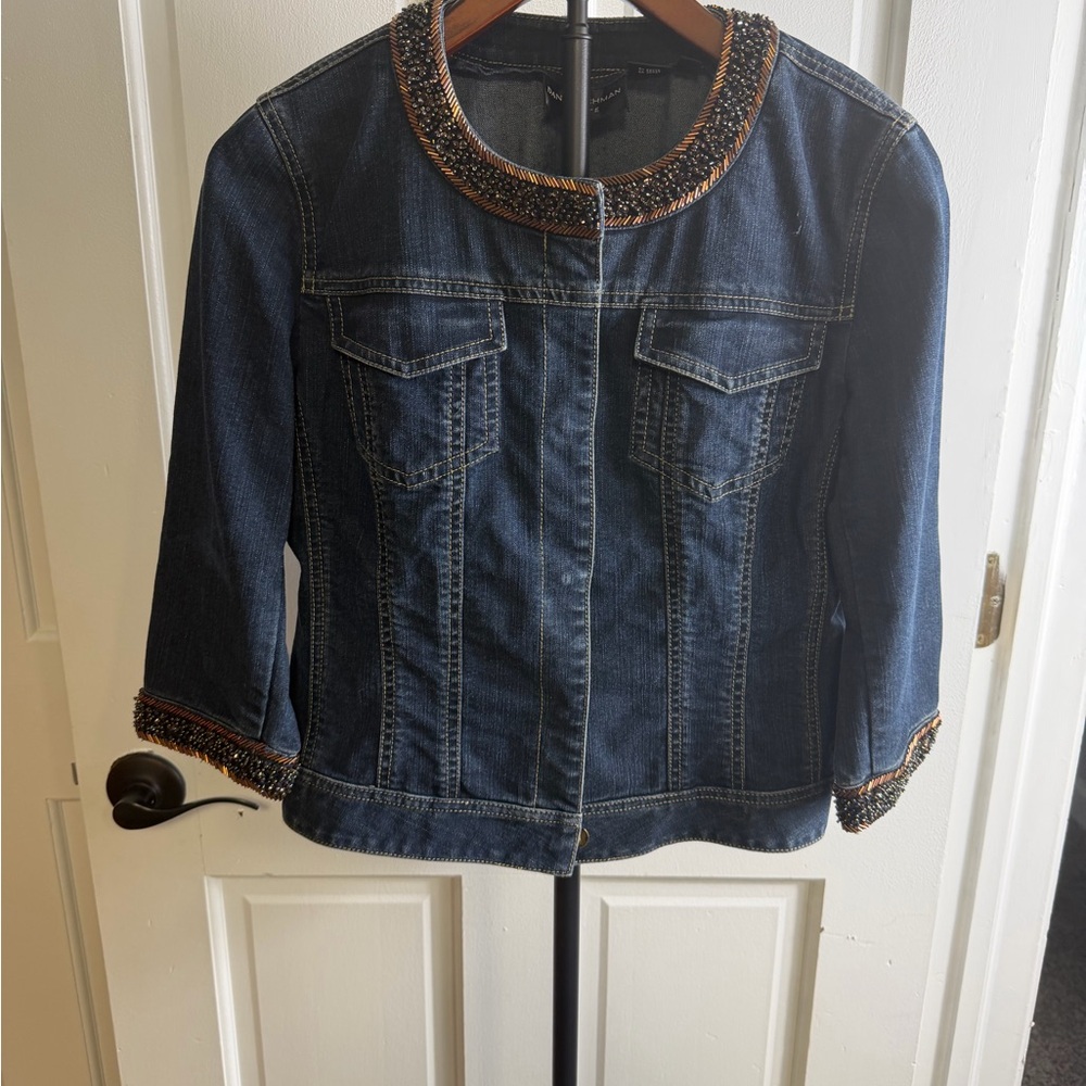 Dana Buchman Vintage 90s Blue Denim Jacket with Beaded Trim Size 6P